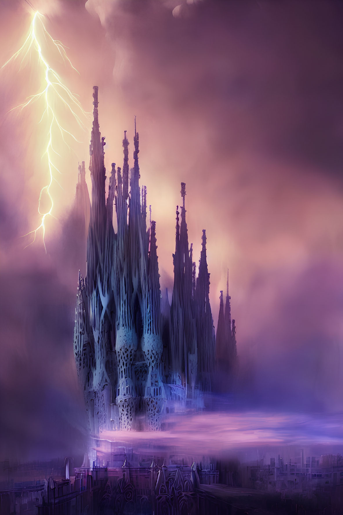 Ethereal fantasy landscape with white castle under purple sky