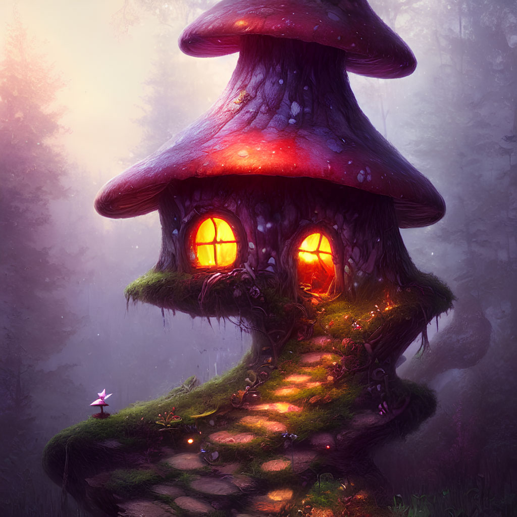 Illustration of Large Mushroom-shaped House in Mystical Forest