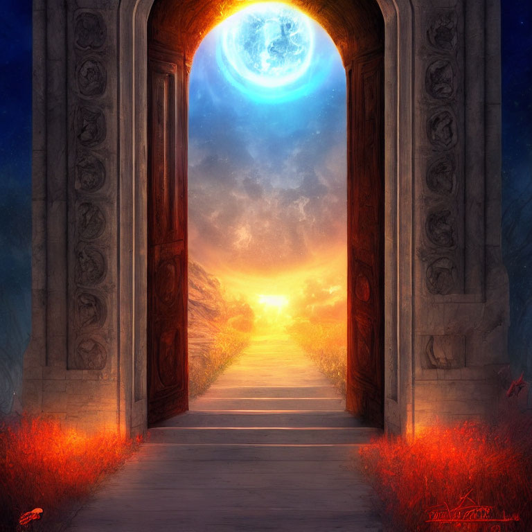 Ornate Stone Doorway Leading to Mystical Moonlit Pathway