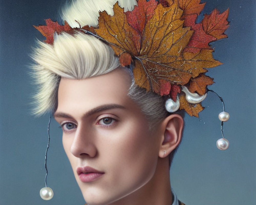 Stylized portrait of a person with pale skin, blue eyes, blond hair, autumn leaves,