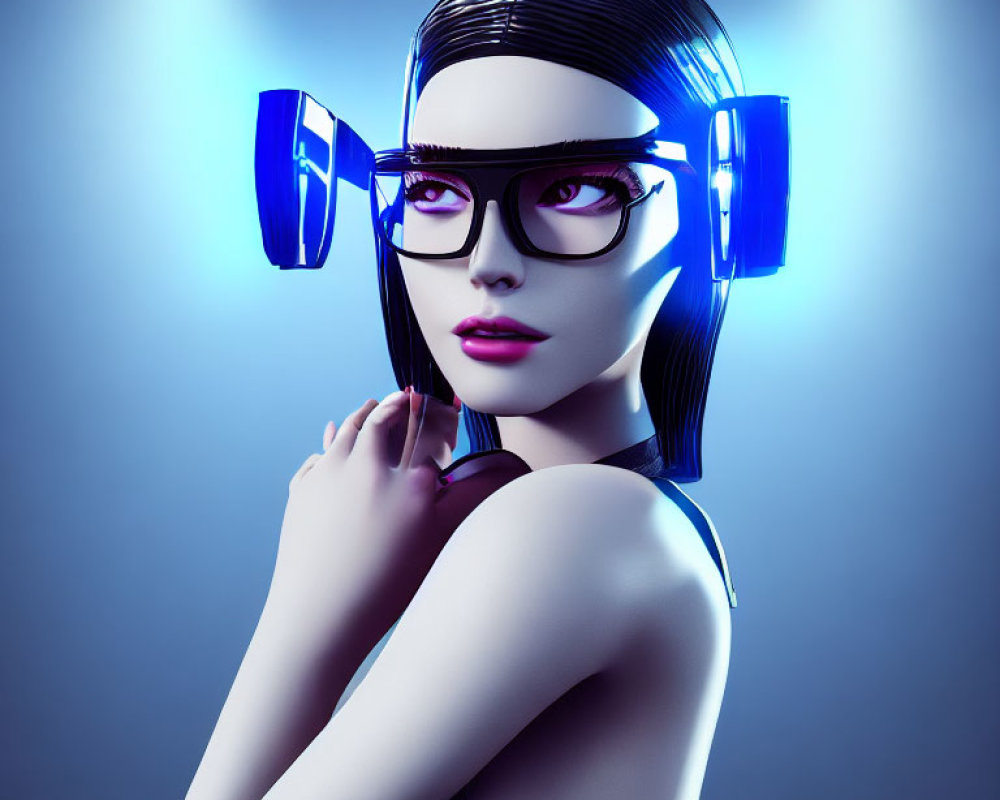 Futuristic woman in cyber fashion with 3D glasses and headphones