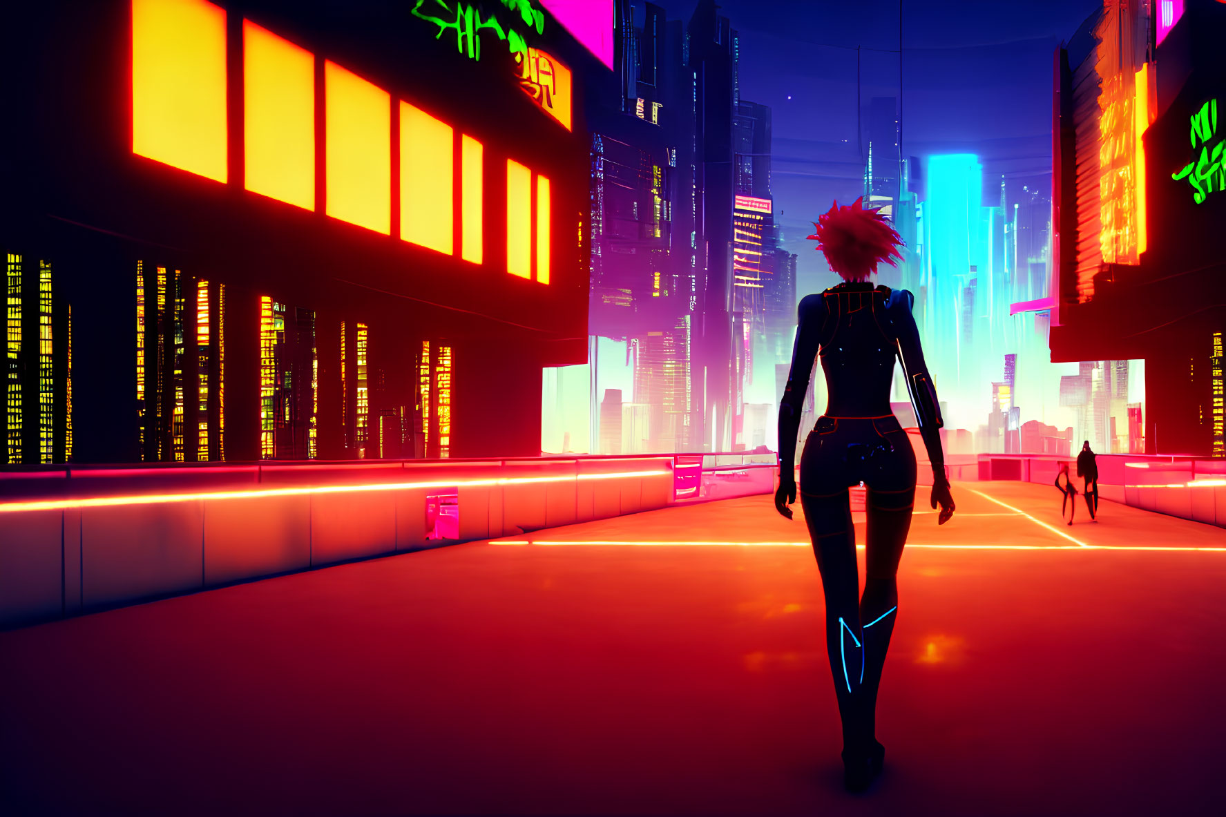 Red Mohawk Person in Neon Futuristic City at Dusk