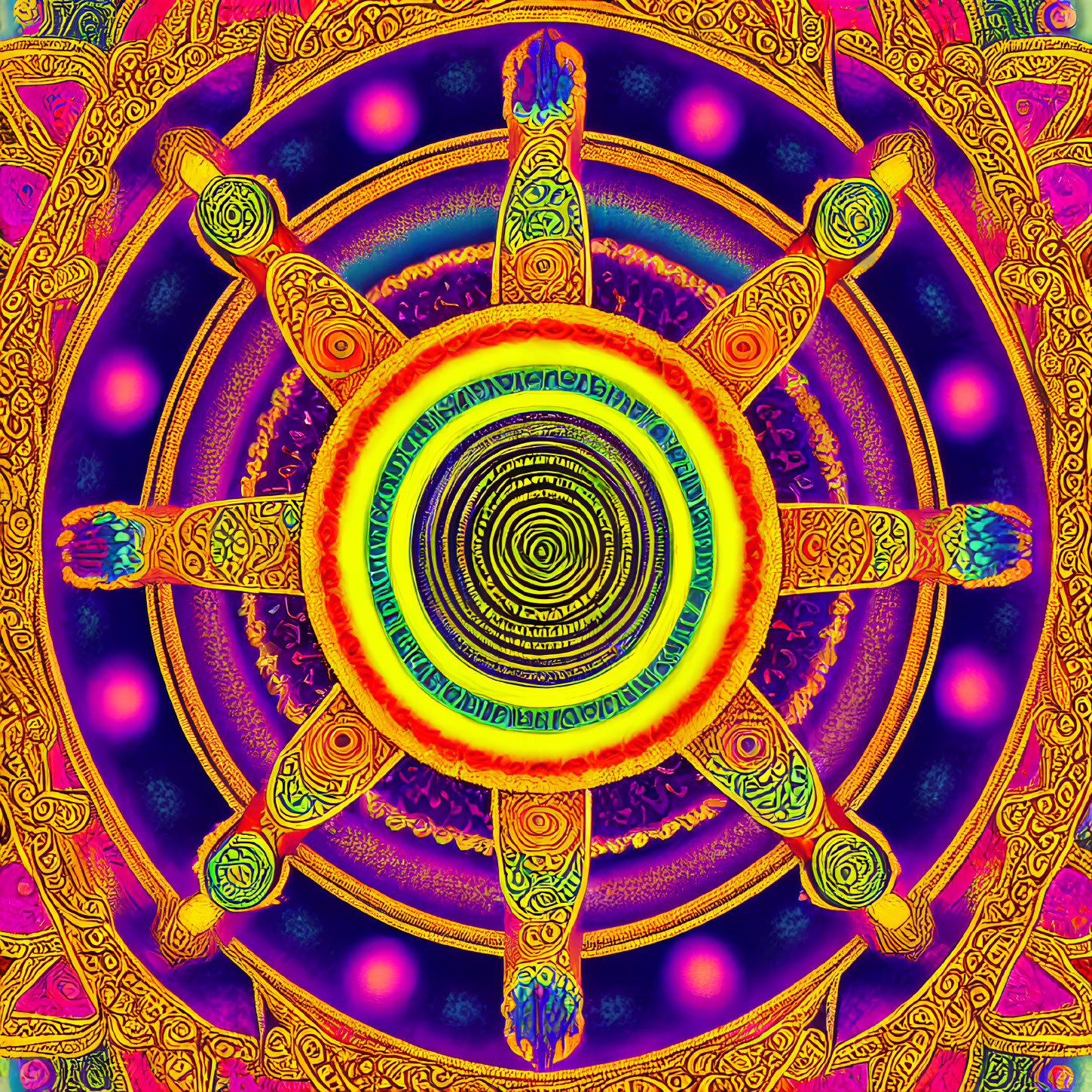 Colorful Psychedelic Mandala with Intricate Patterns and Central Spiral