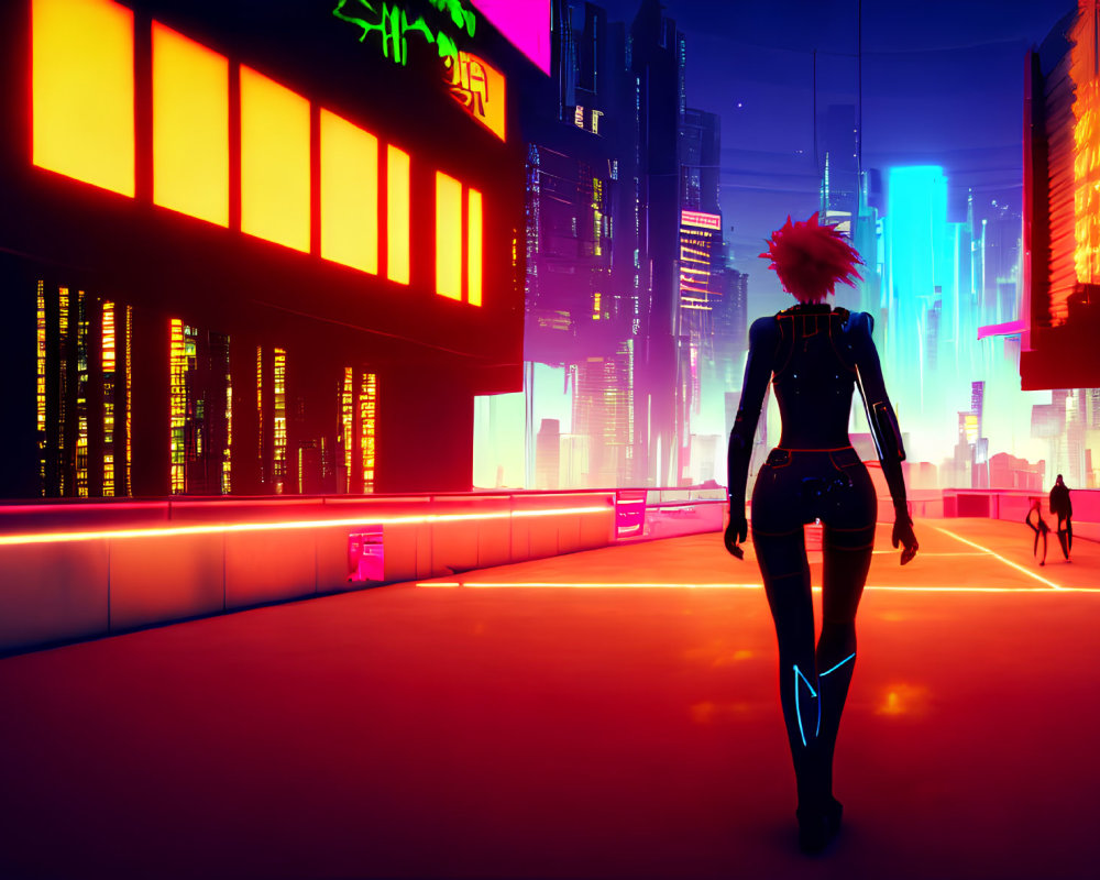 Red Mohawk Person in Neon Futuristic City at Dusk