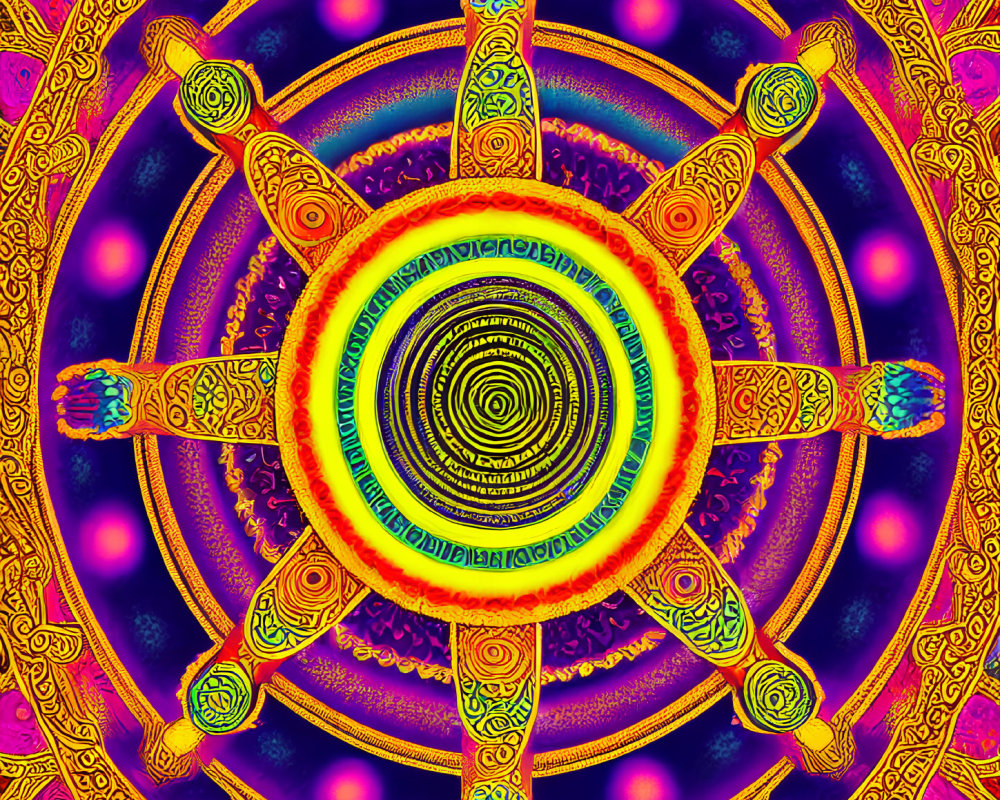 Colorful Psychedelic Mandala with Intricate Patterns and Central Spiral