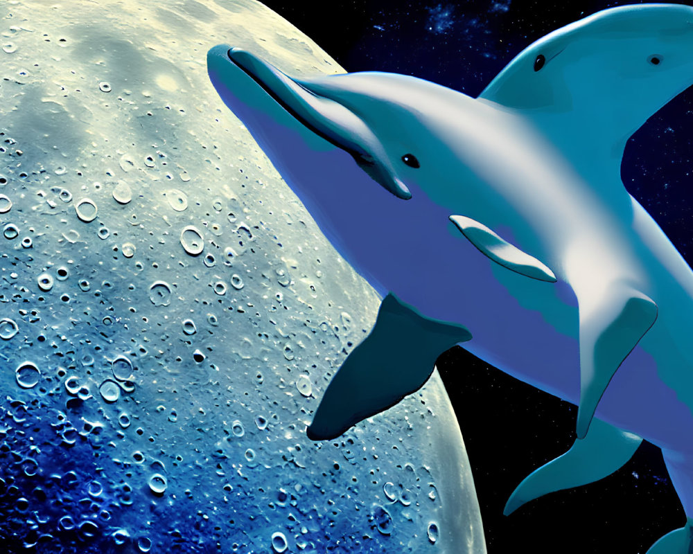 Surreal image: Dolphins on cosmic moon background