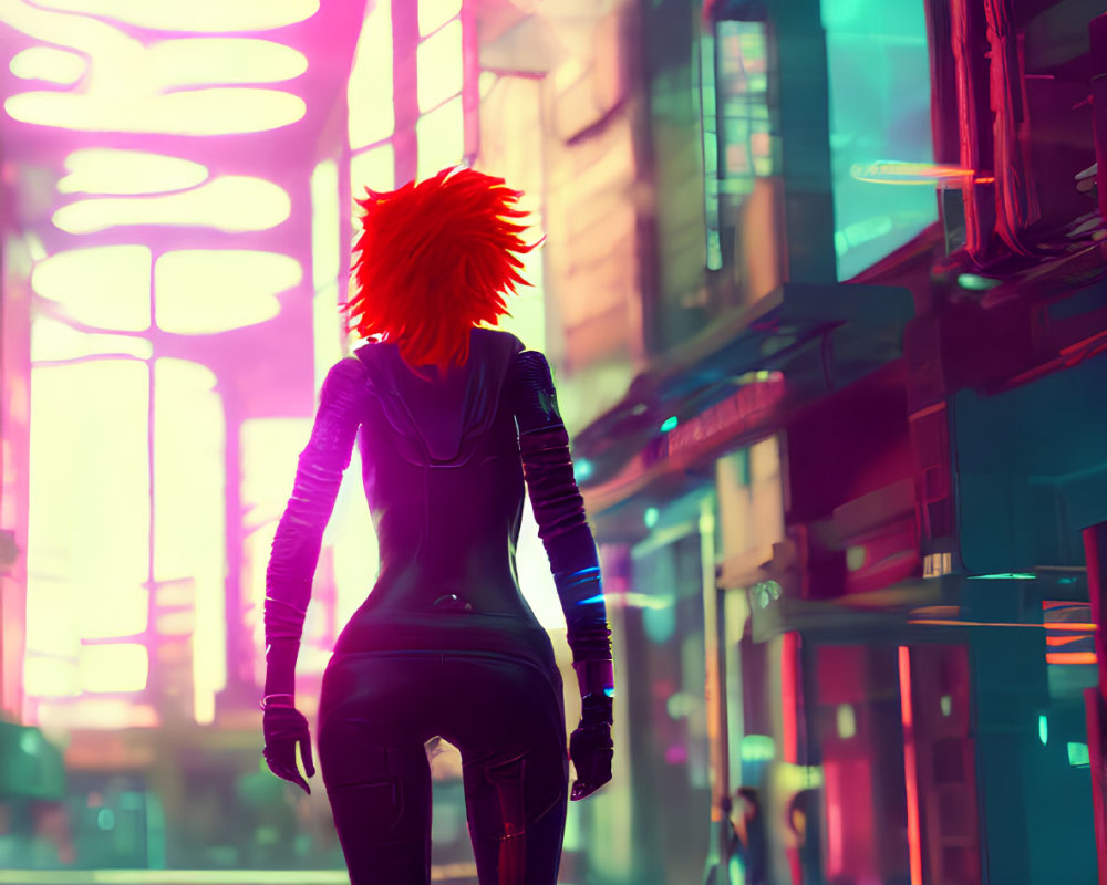 Spiky Orange Hair, Futuristic Attire in Neon Urban Alleyway