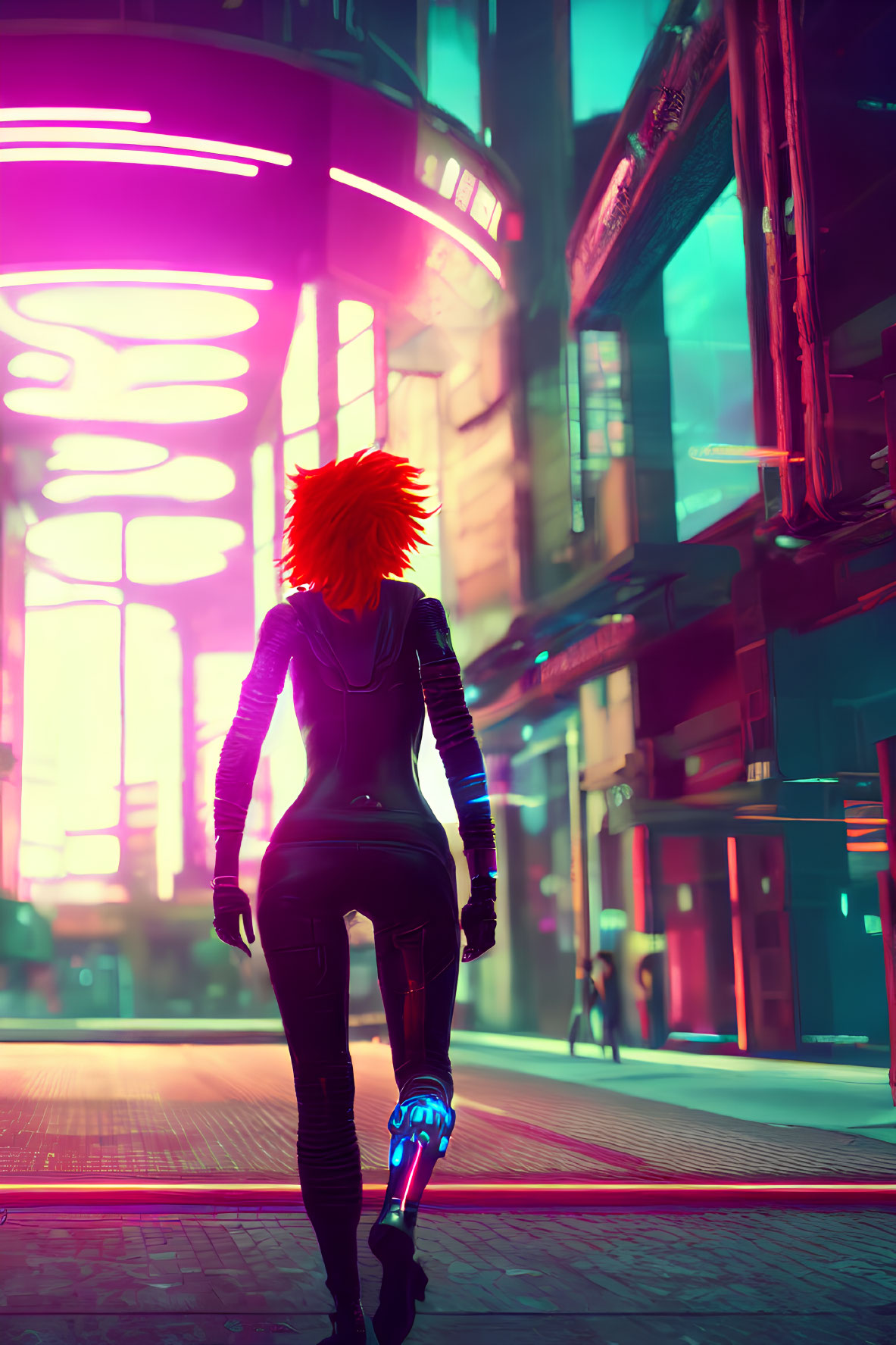 Spiky Orange Hair, Futuristic Attire in Neon Urban Alleyway