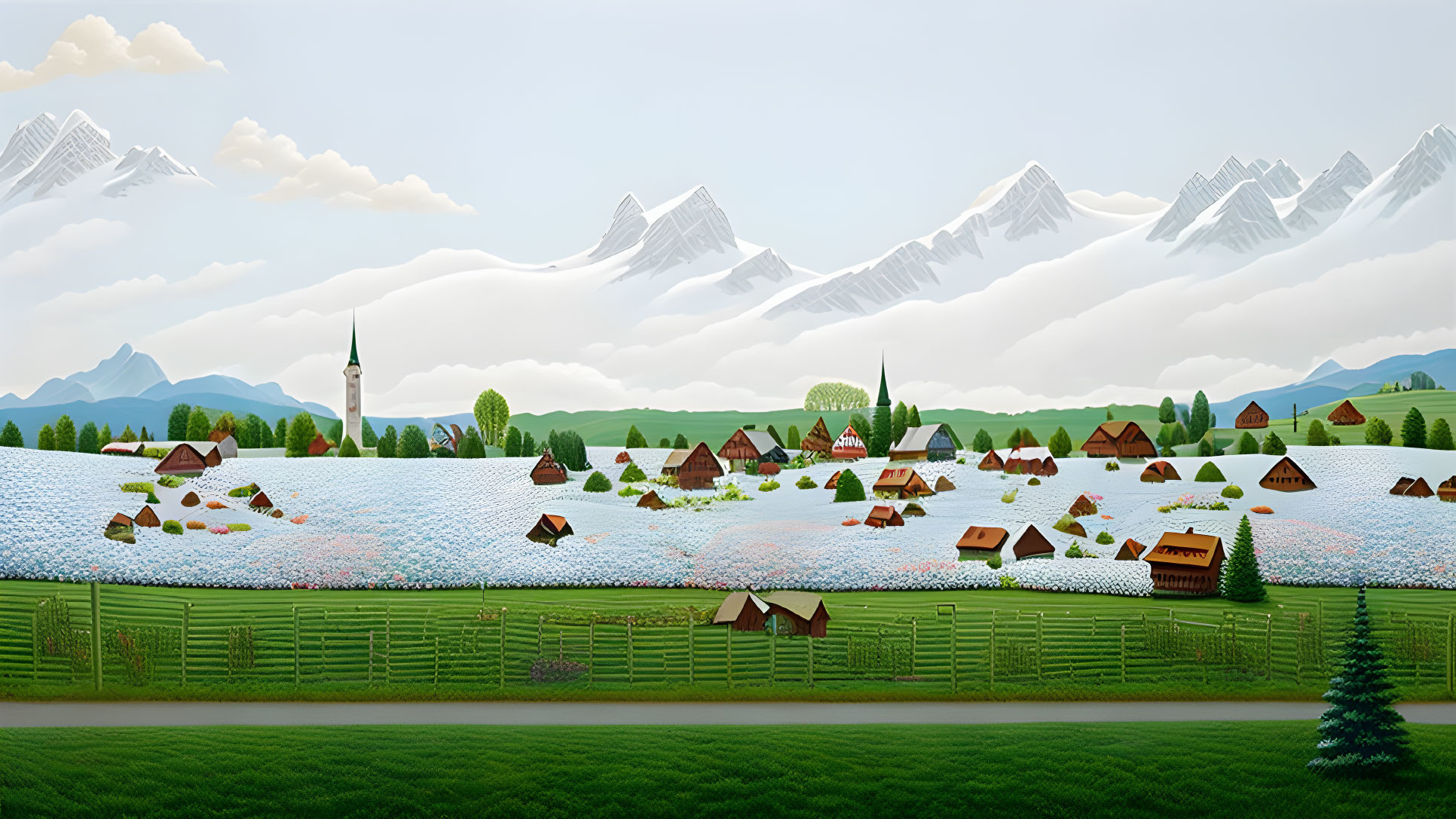 Scenic village landscape with chalet houses, river, and mountains