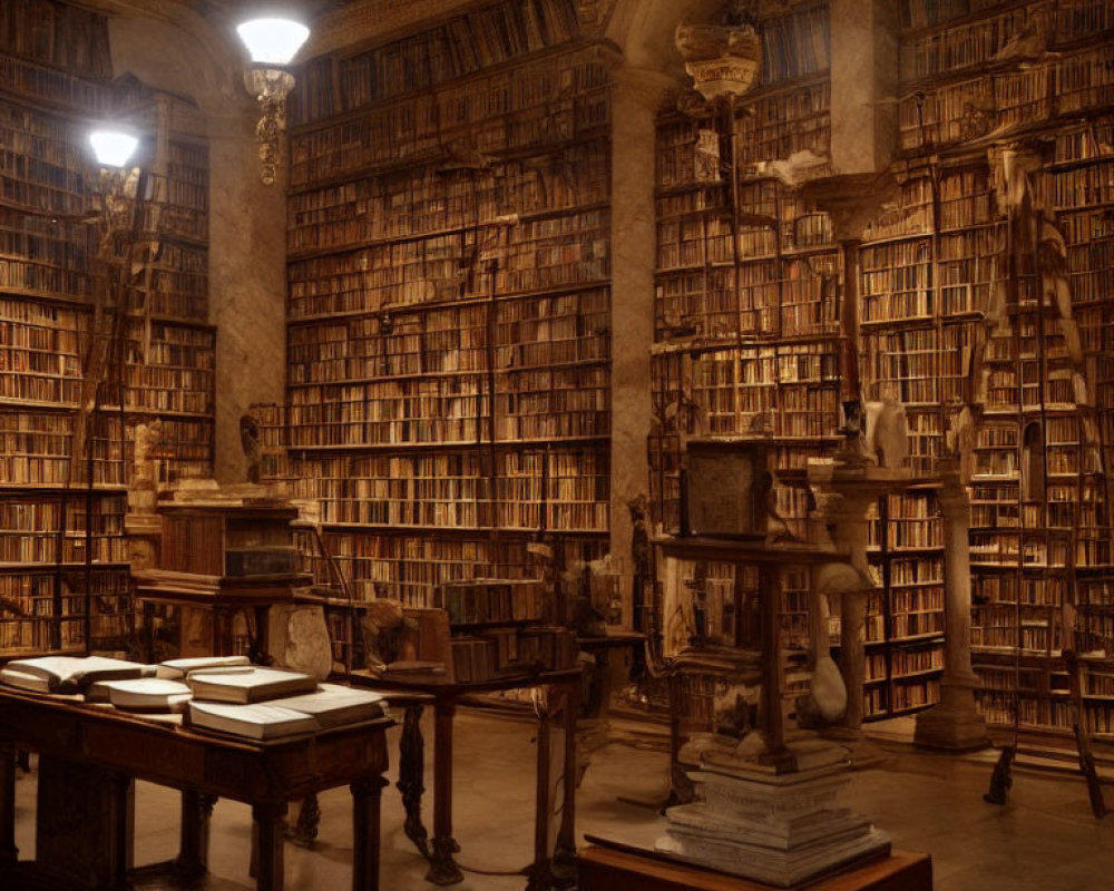 Dimly Lit Ornate Library with Wooden Bookshelves and Reading Table