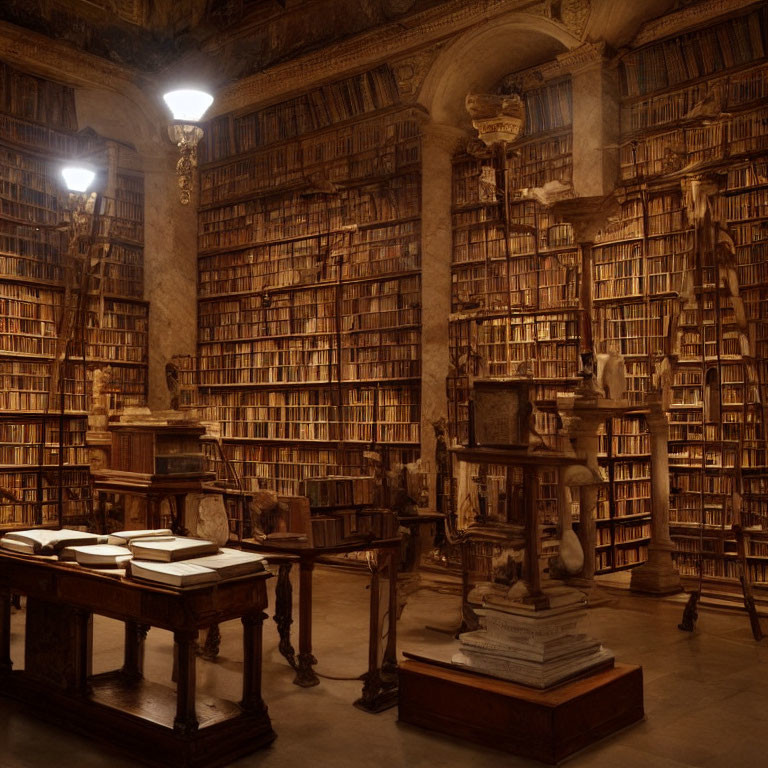 Dimly Lit Ornate Library with Wooden Bookshelves and Reading Table