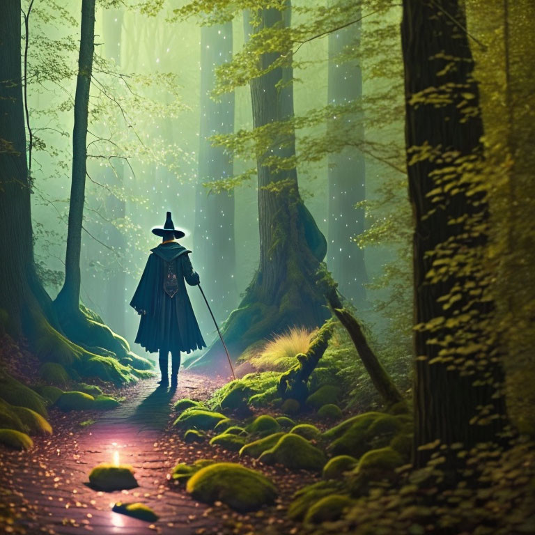 Mystical figure in cloak and hat walking through enchanted forest path