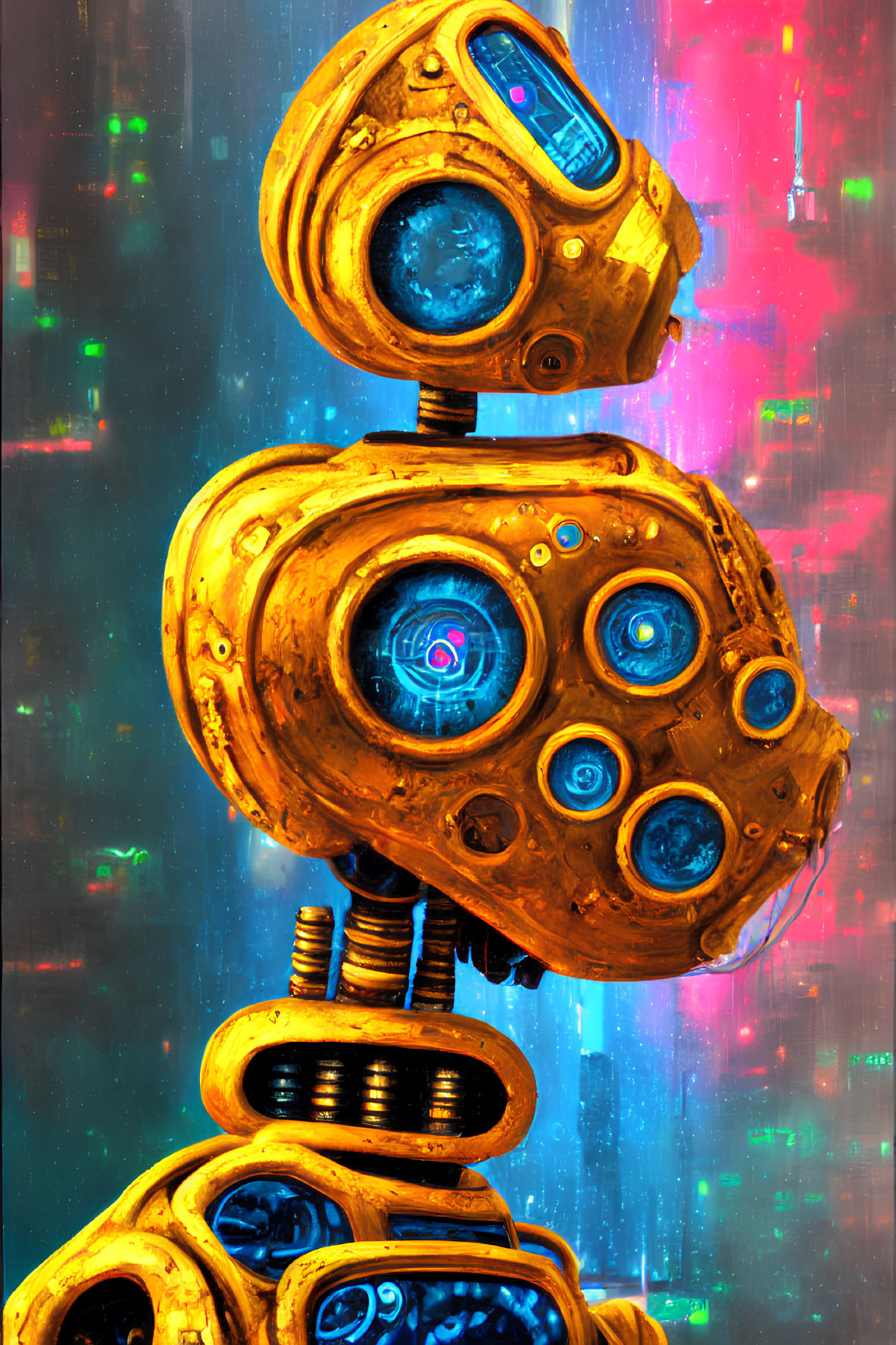 Colorful Abstract Art: Golden Robot with Blue Optical Sensors