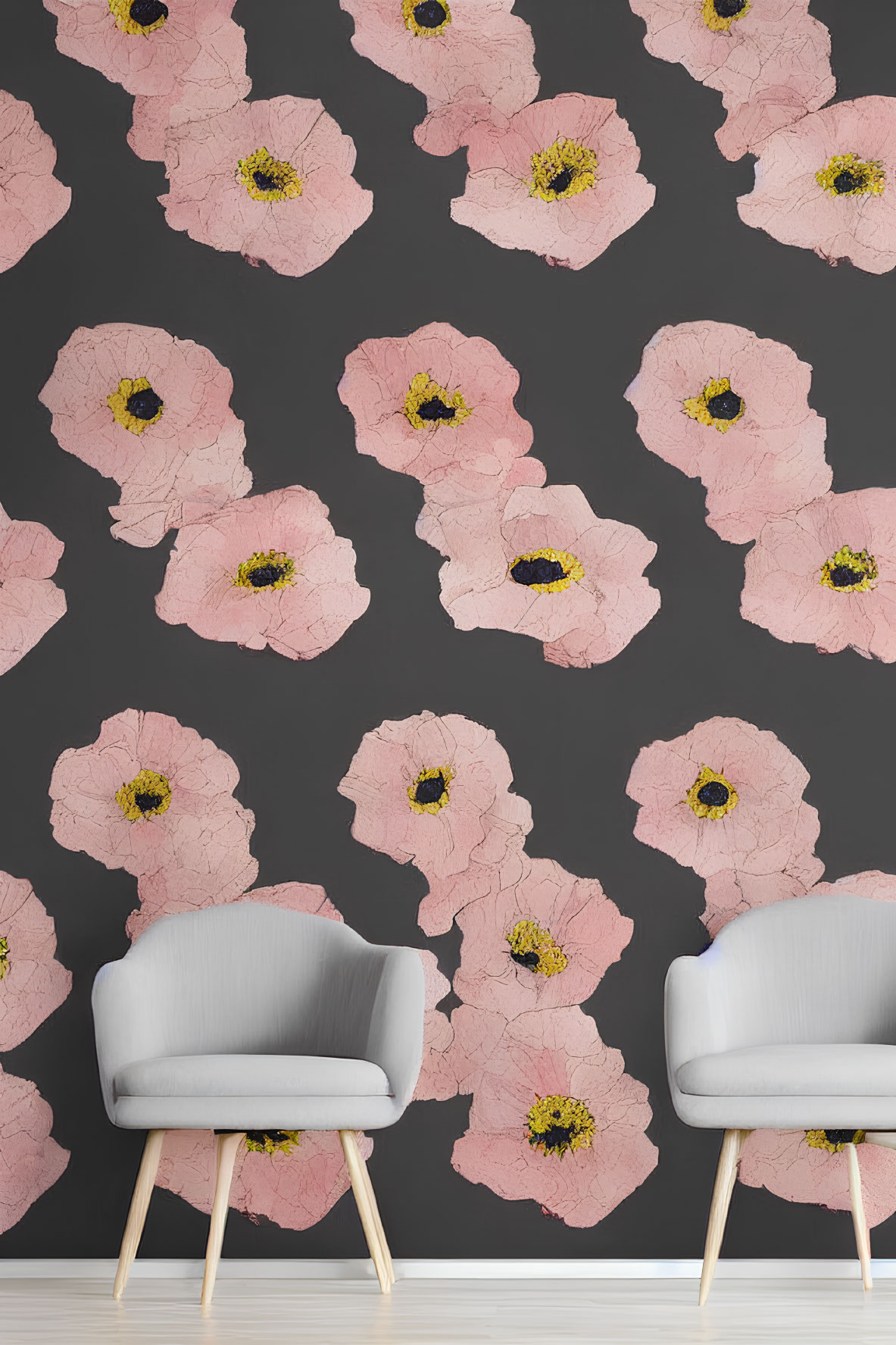 Modern Room with Dark Wall and Pink Floral Wallpaper, Grey Armchairs