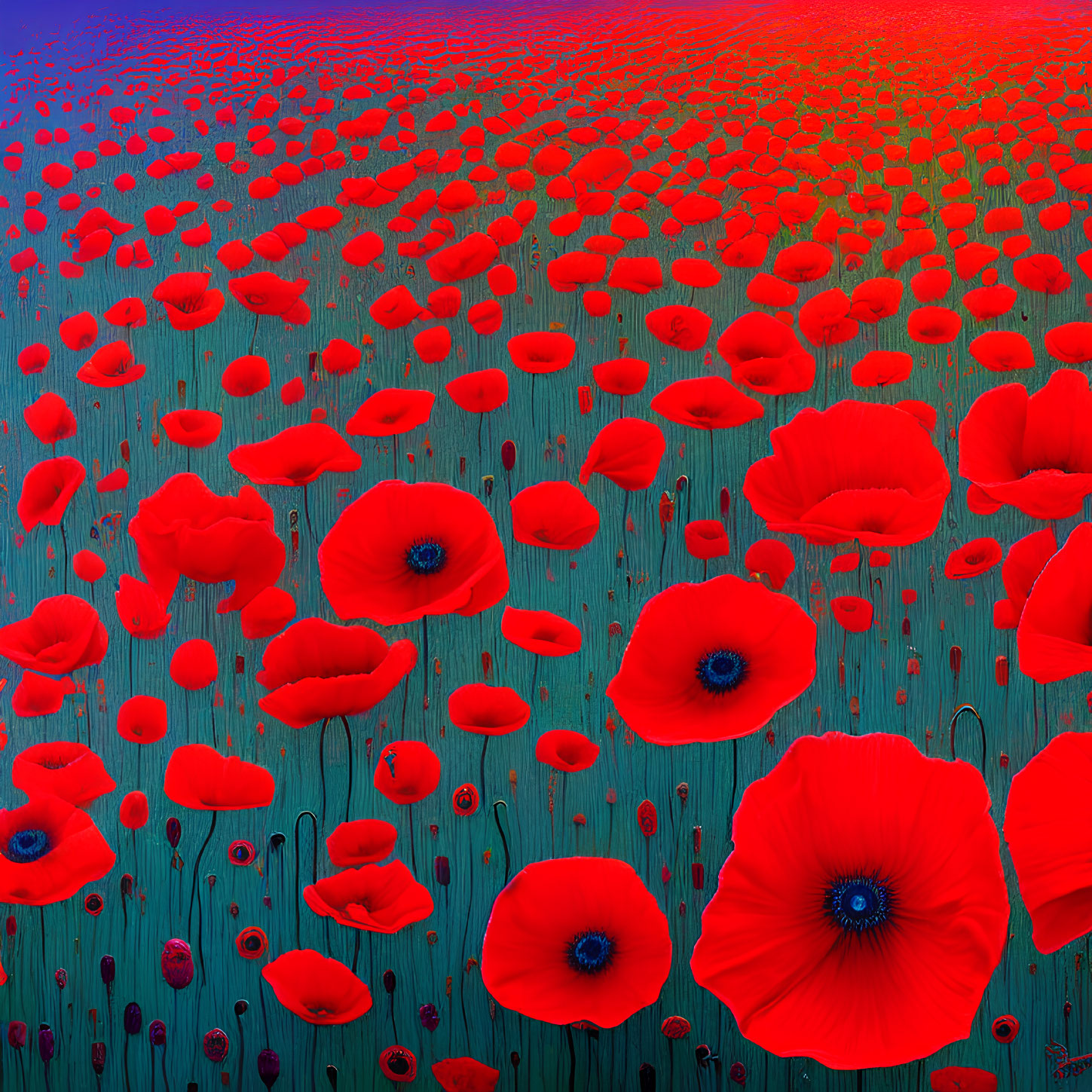 Vibrant red poppies in surreal blue and red background