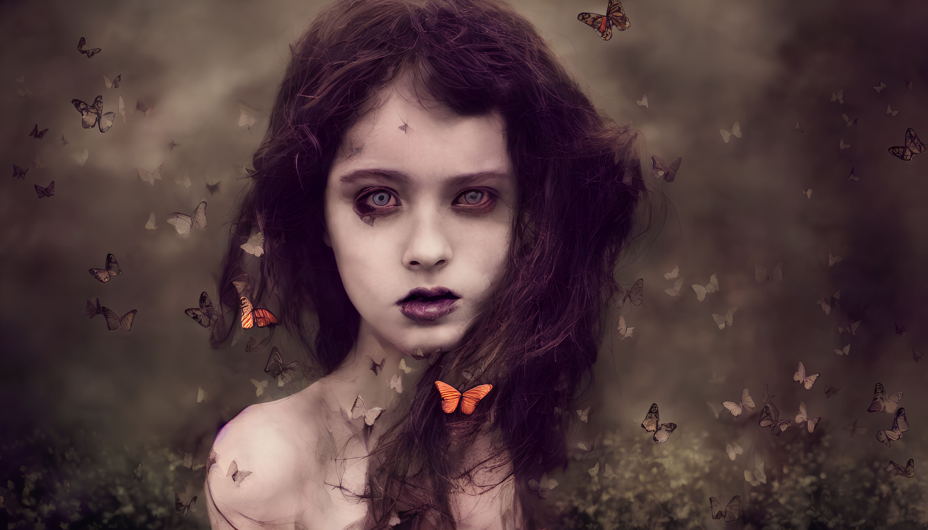 Girl with Striking Eyes and Butterflies in Nature Setting