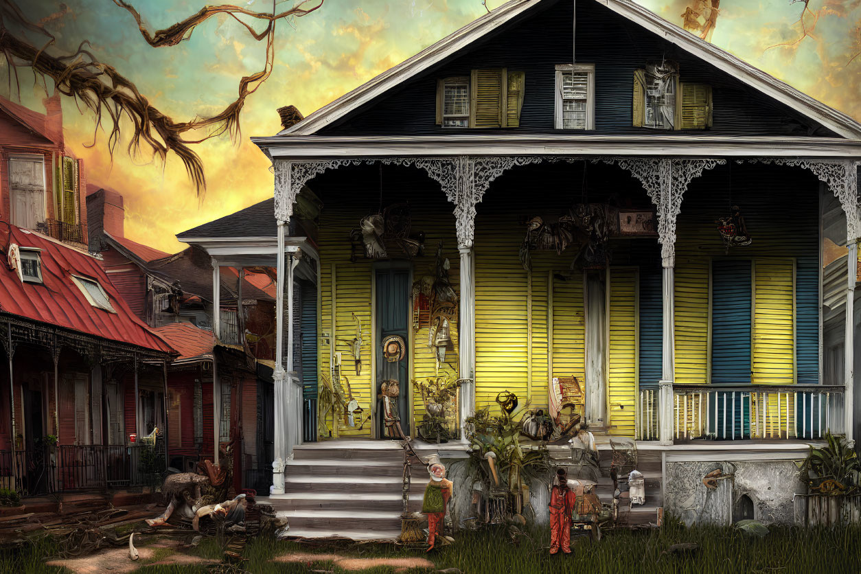 Eerie surreal scene: old house, metalwork, dolls, dilapidated neighborhood, menacing sky