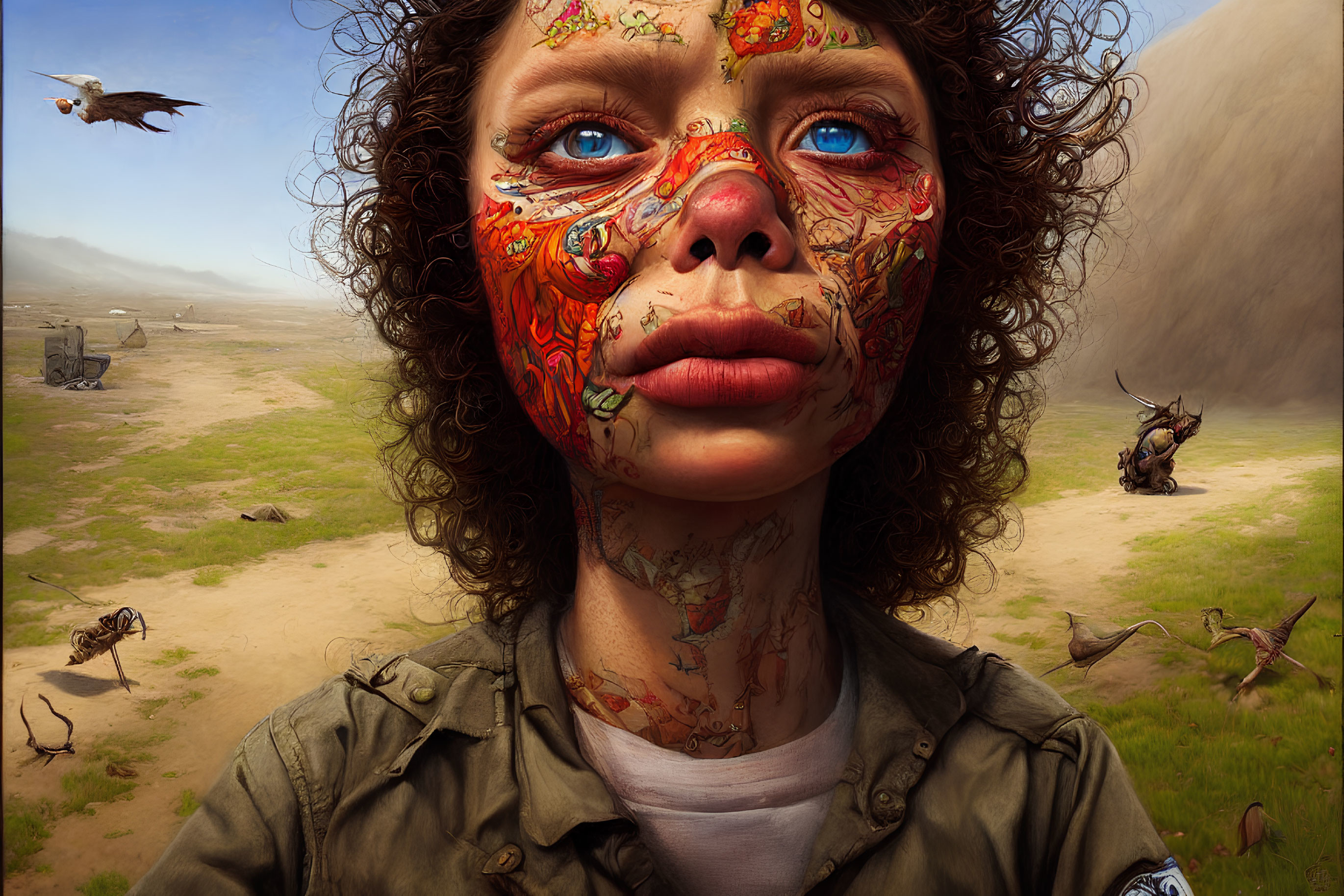 Intricately painted face resembling a map in desolate landscape