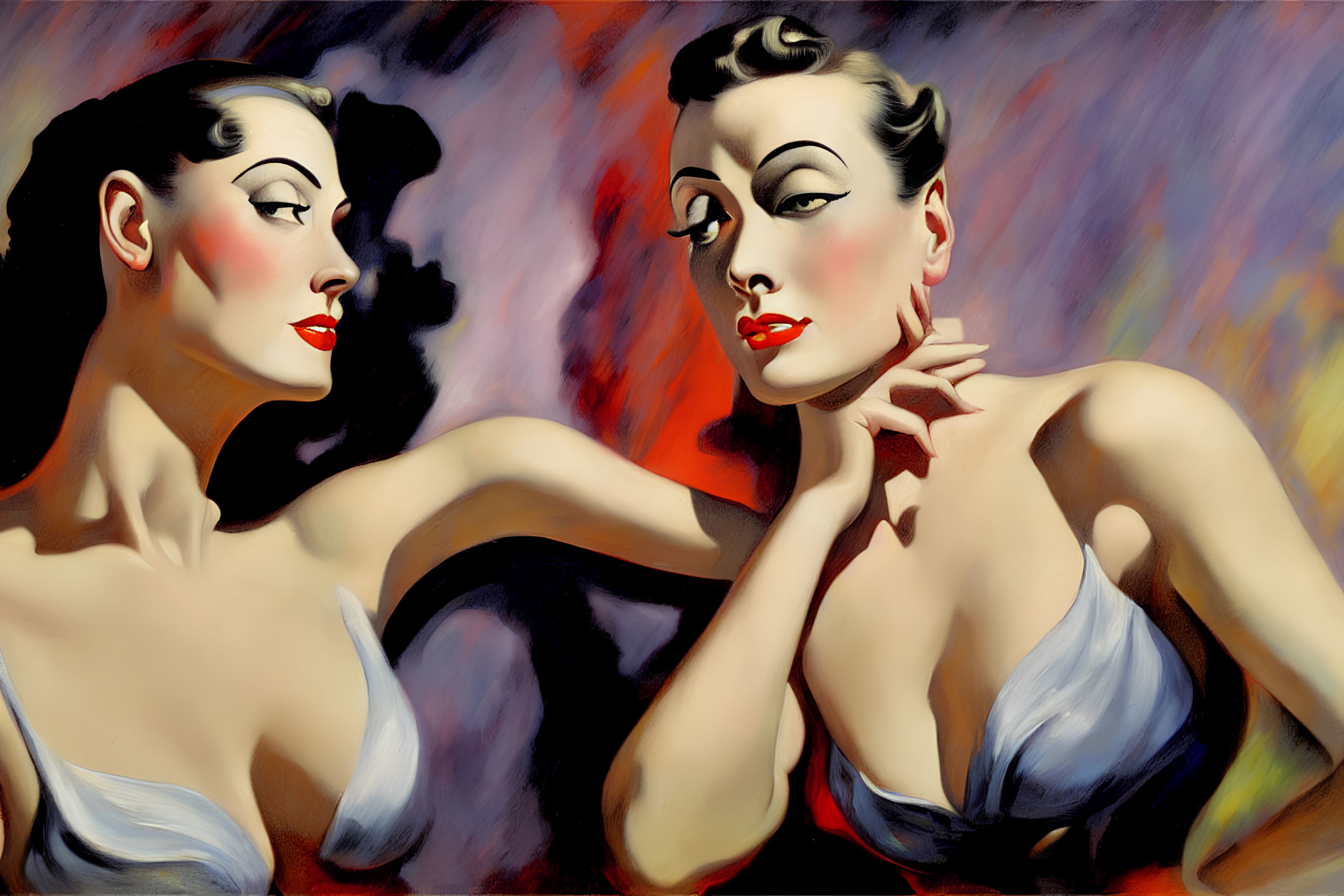 Dual reflection painting of a woman with vibrant red lips and arched brows