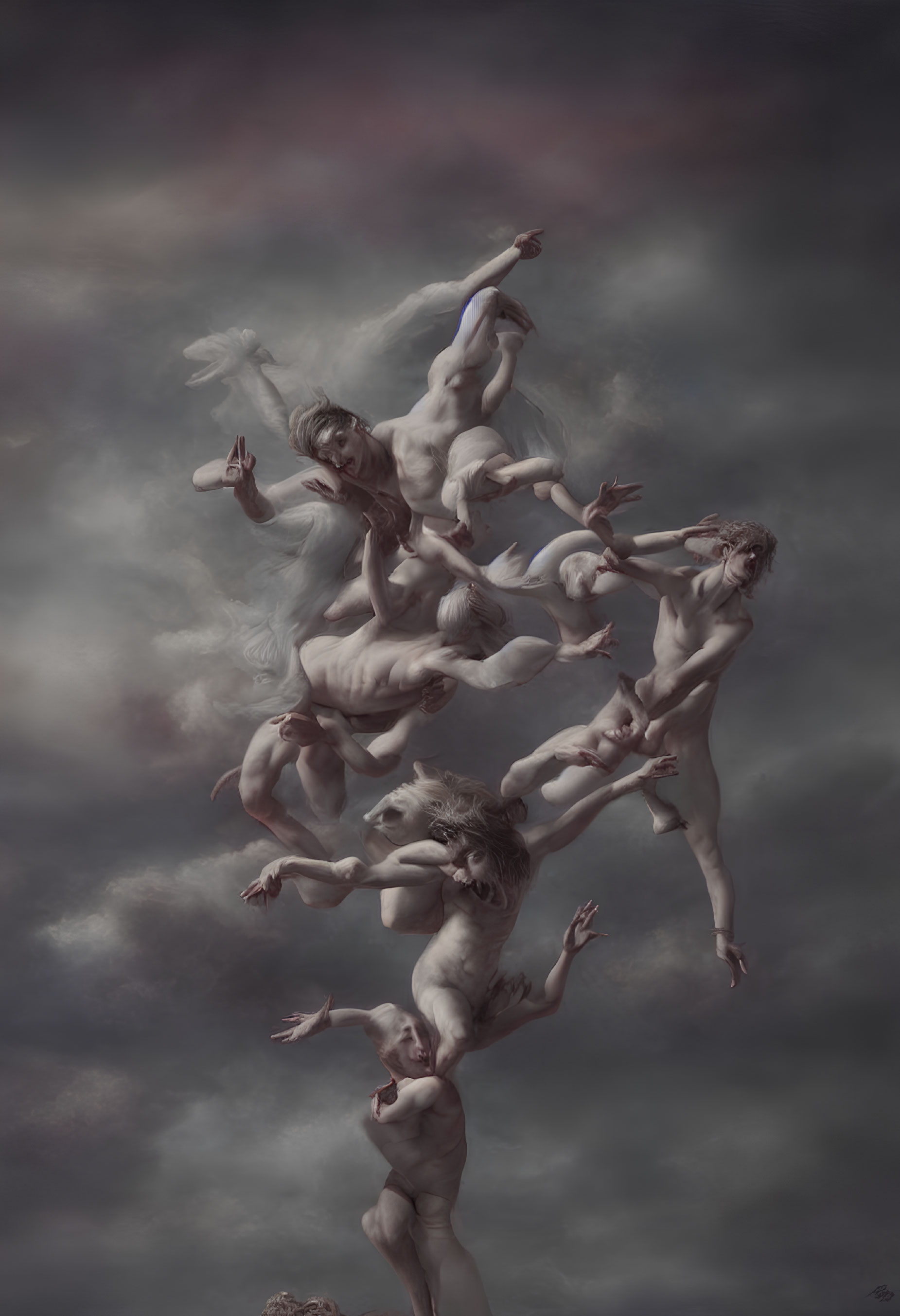 Artwork featuring multiple human-horse hybrid figures in stormy sky