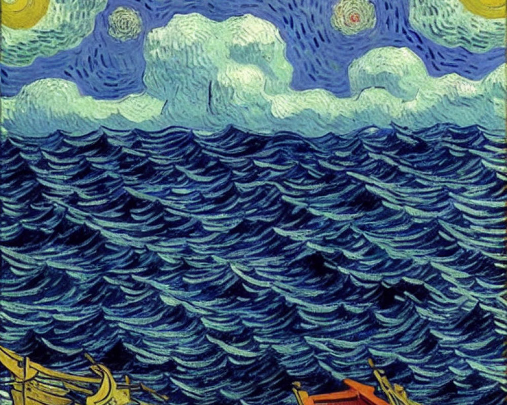 Starry Night Sky Painting with Swirling Clouds and Turbulent Sea