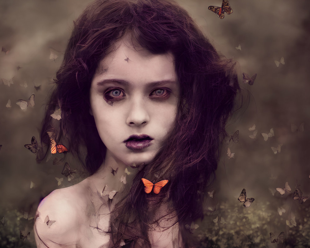 Girl with Striking Eyes and Butterflies in Nature Setting