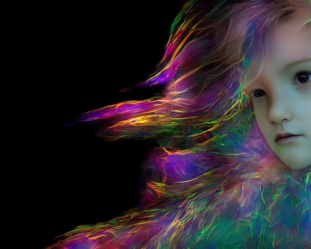 Child with thoughtful expression in vibrant, multicolored fractal feathers on black background