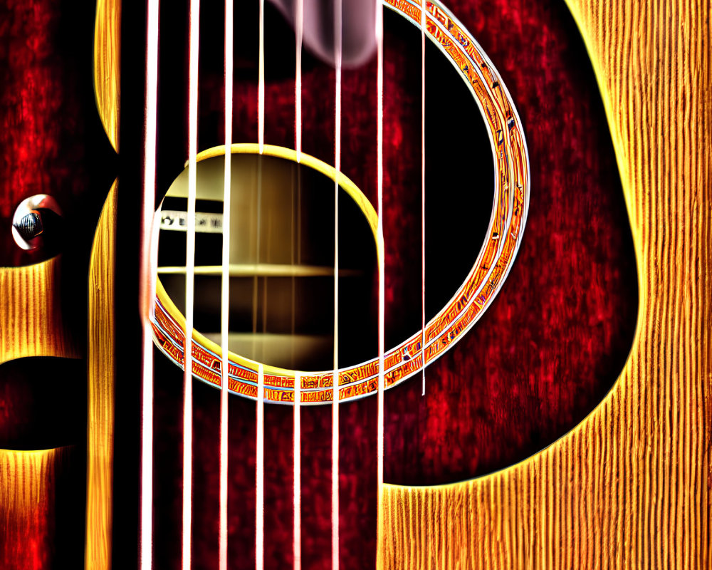 Detailed view of wooden acoustic guitar strings, sound hole, and body in warm golden hue