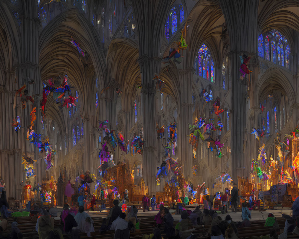 Colorful art installations in cathedral interior with visitors on pews