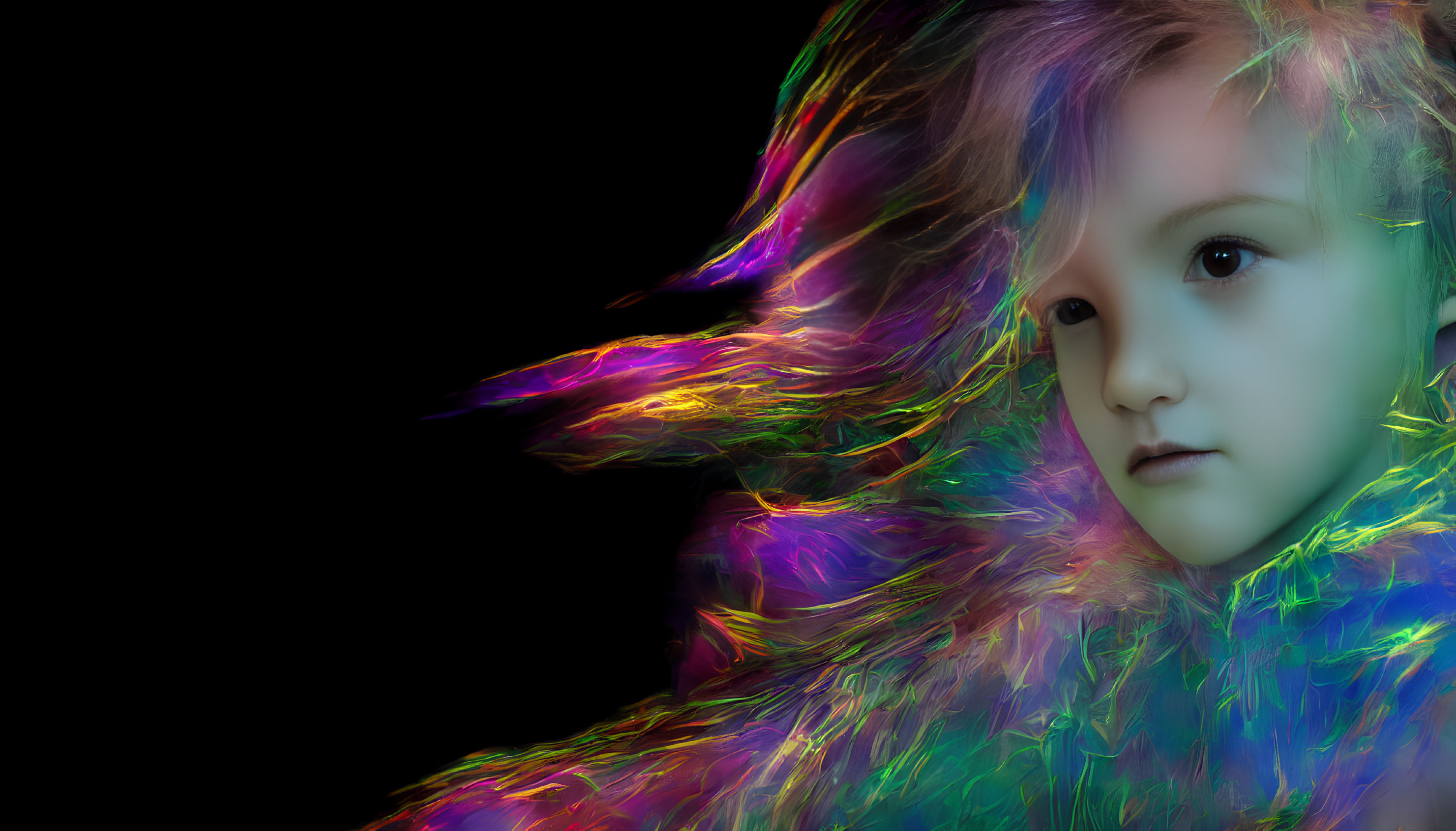 Child with thoughtful expression in vibrant, multicolored fractal feathers on black background