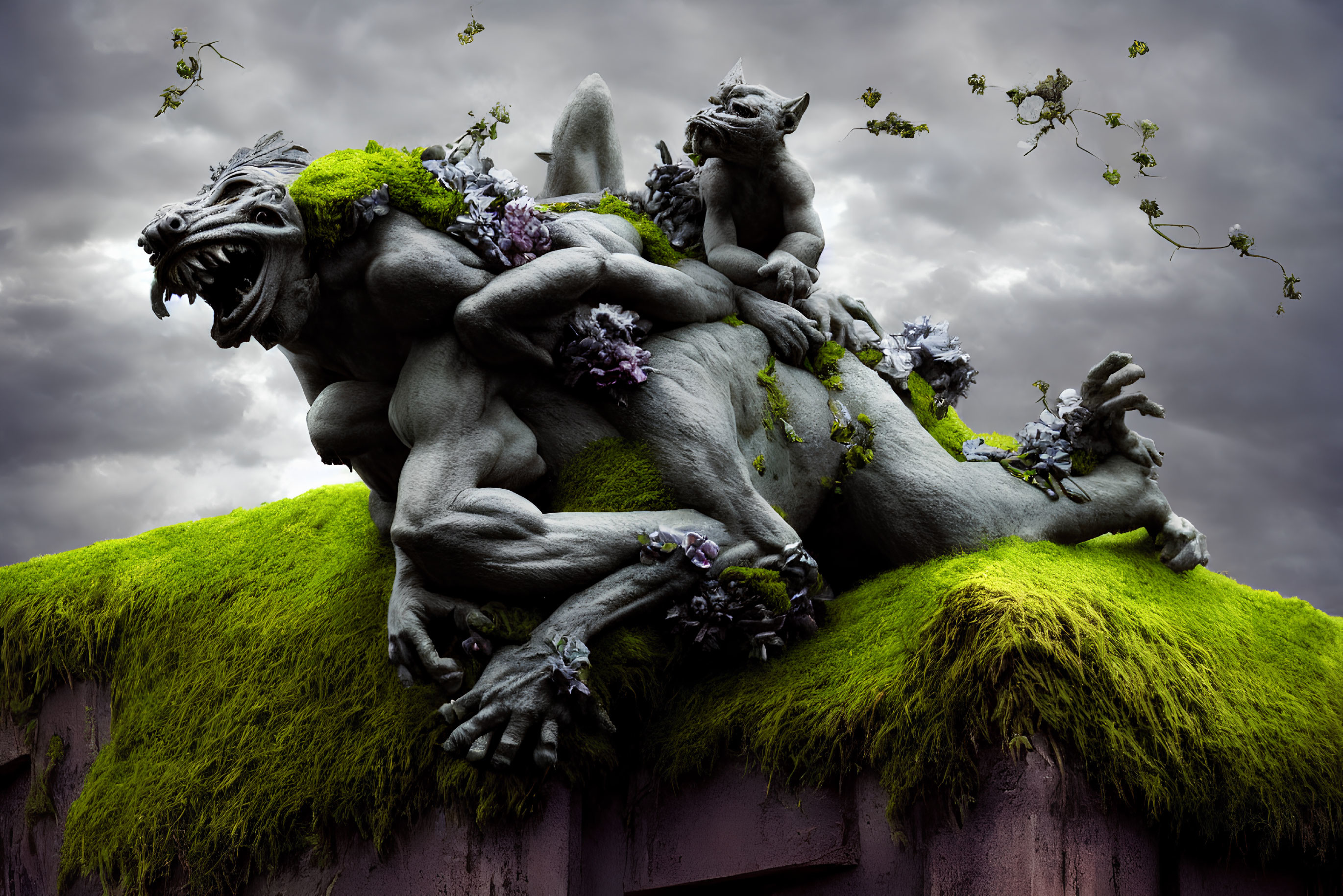 Mythical creature sculptures entwined on mossy ledge