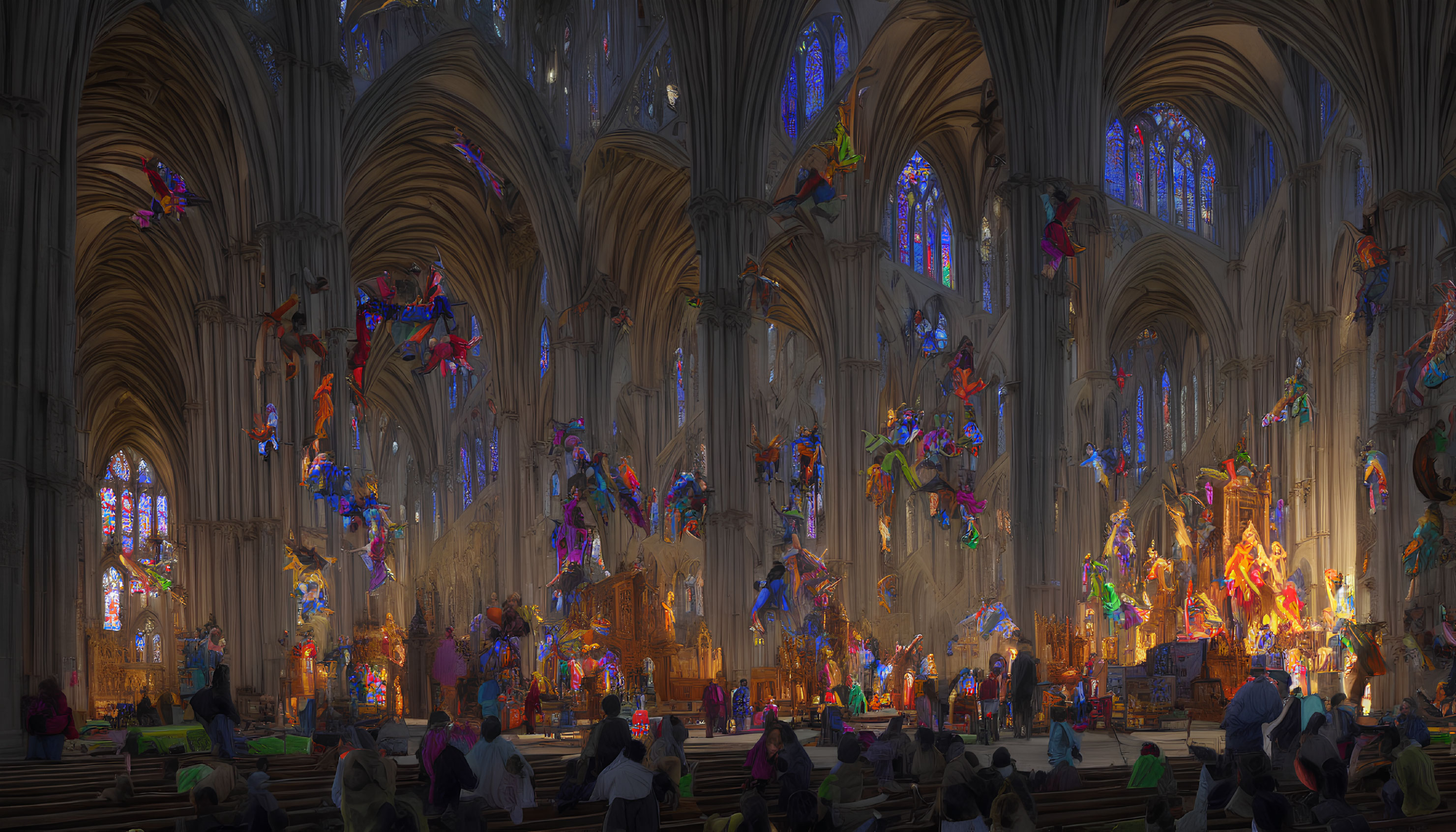 Colorful art installations in cathedral interior with visitors on pews