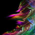 Child with thoughtful expression in vibrant, multicolored fractal feathers on black background