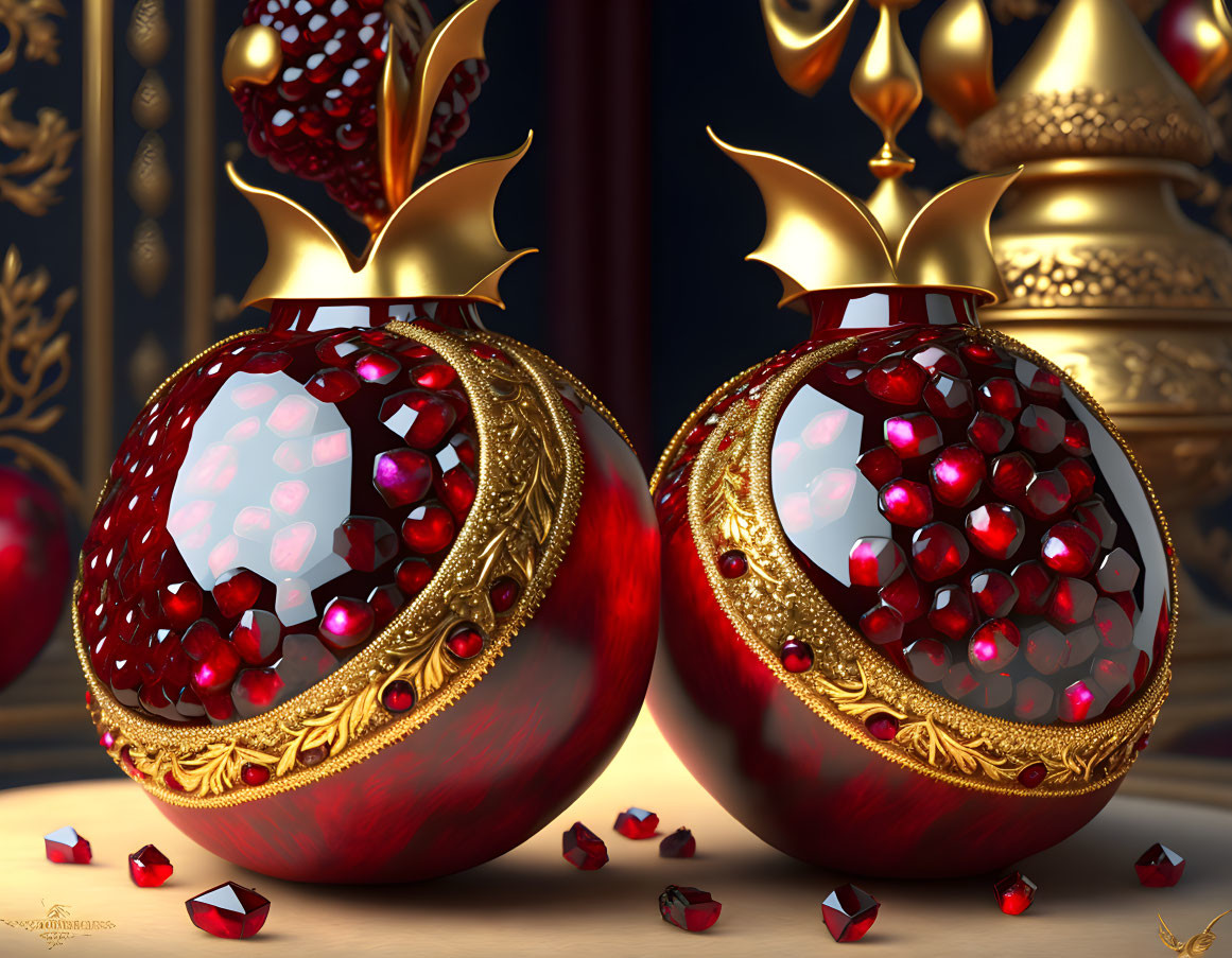 Ornate Red and Gold Pomegranate Jeweled Containers on Luxurious Background