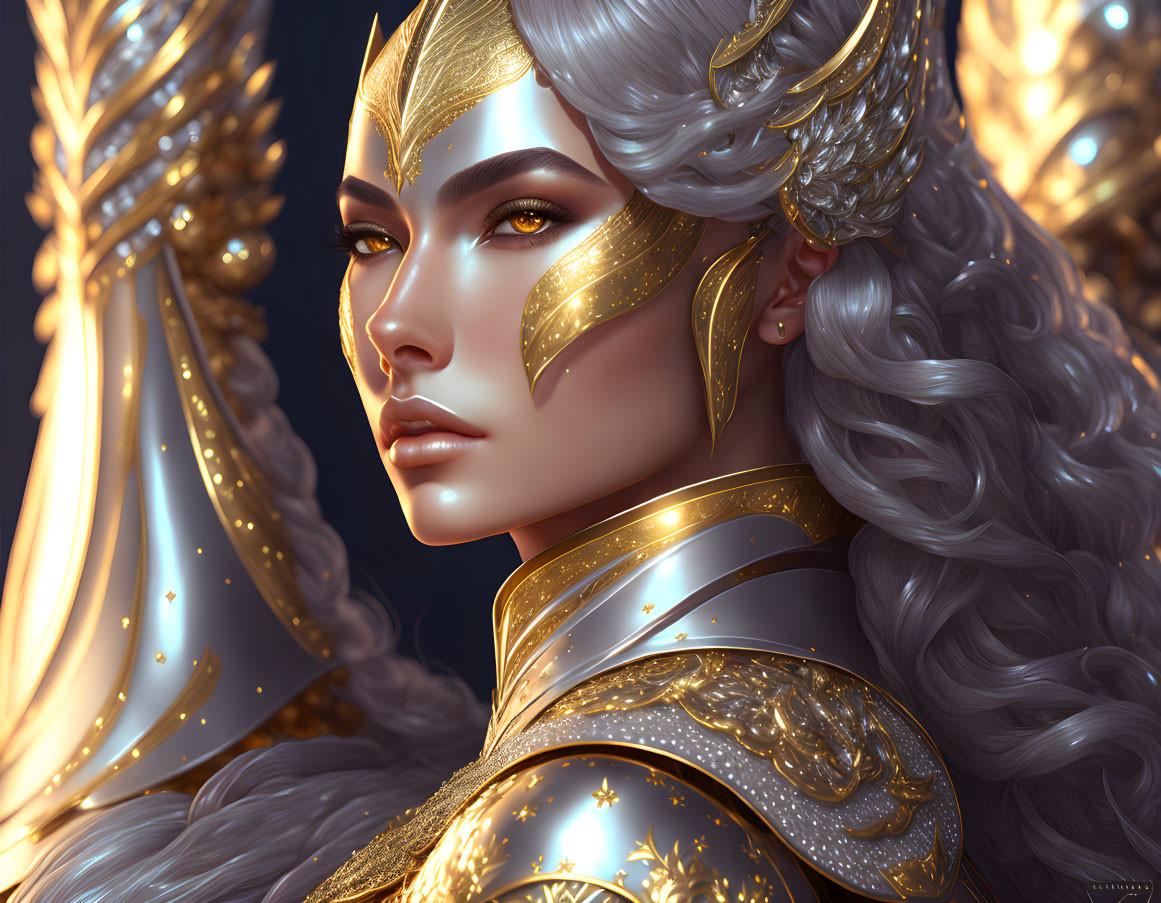 Fantasy character digital artwork: silver hair, golden armor, glowing designs