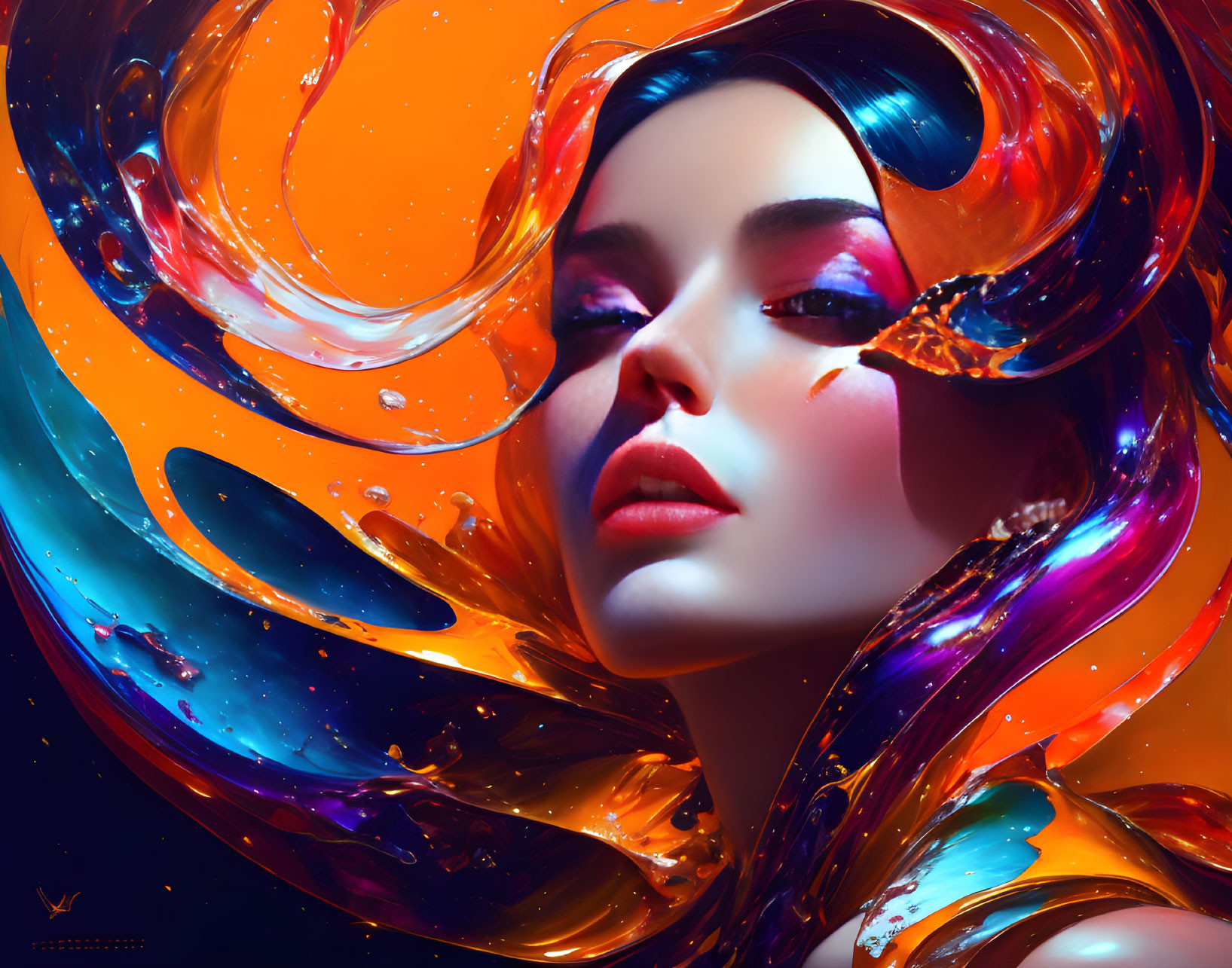 Colorful digital artwork featuring woman with swirling liquid forms.