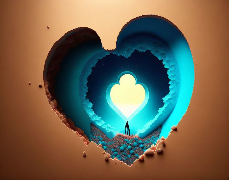 Silhouette under heart-shaped cutout with cloud glow on blue backdrop