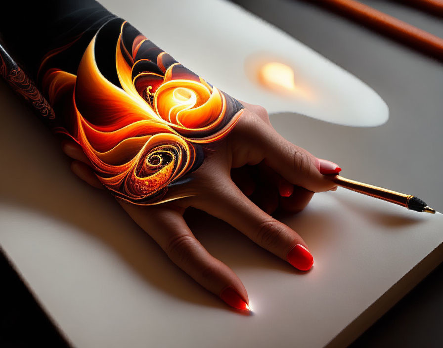 Fiery orange and black arm art holding a paintbrush on white surface