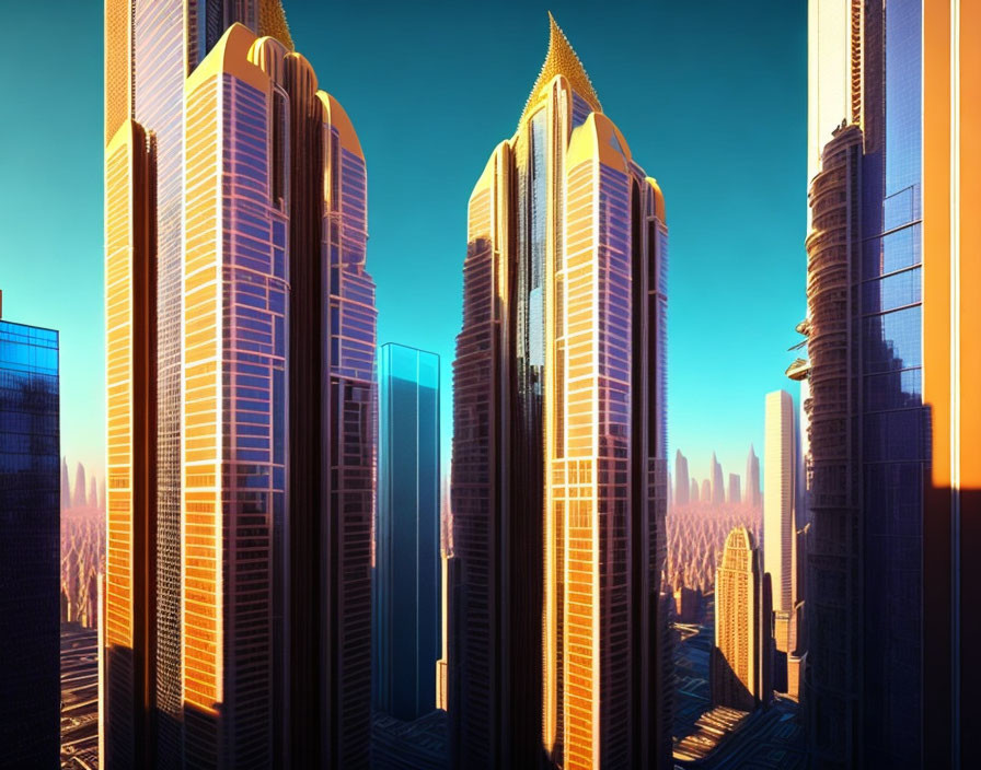 Futuristic city skyline with towering skyscrapers at sunrise