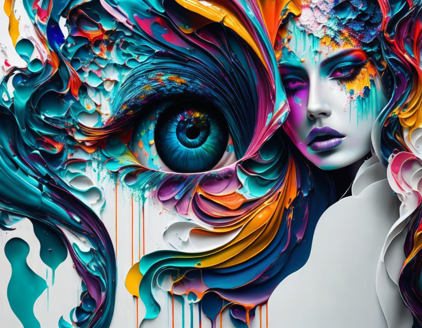 Colorful digital artwork: Female face with abstract patterns and detailed eye