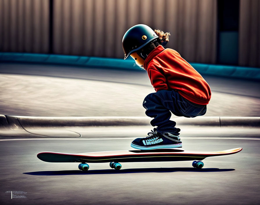 Child in helmet and red hoodie skateboarding with blurred speed background