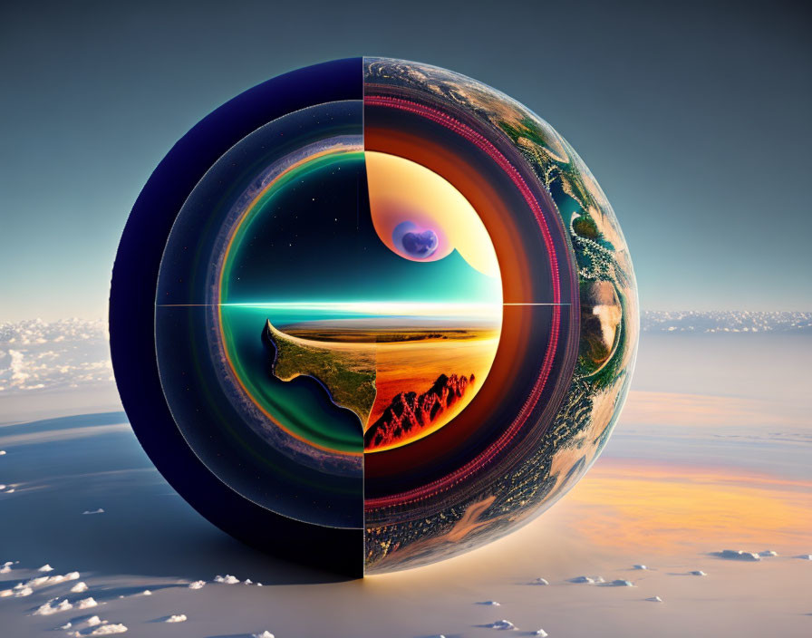 Circular Layered Landscape Featuring Space, Deserts, Oceans