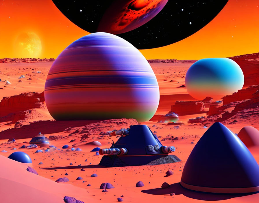 Futuristic sci-fi landscape with large planets above desert terrain