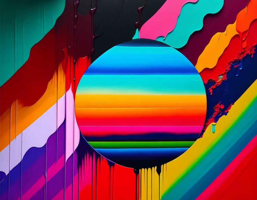 Colorful Abstract Artwork with Dripping Paint and Rainbow Stripes