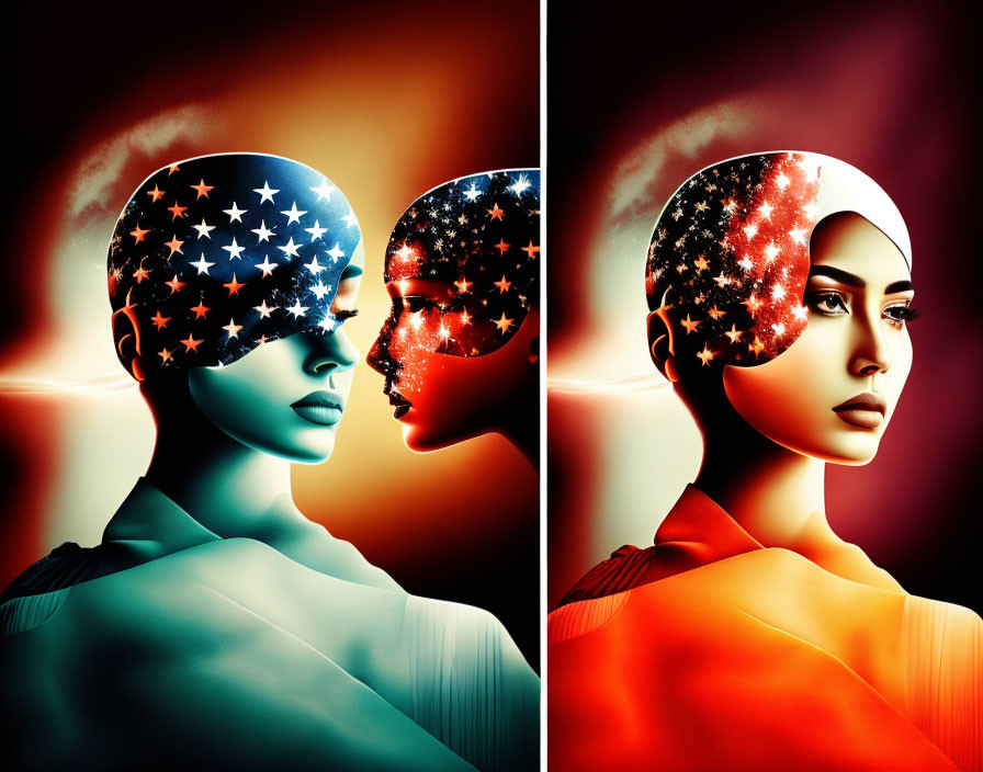 Mannequin heads with American flag patterns in blue and orange hues against gradient background