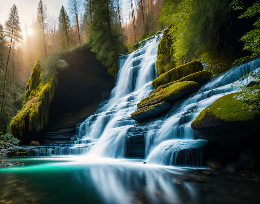 Serene waterfall over mossy rocks in forest setting