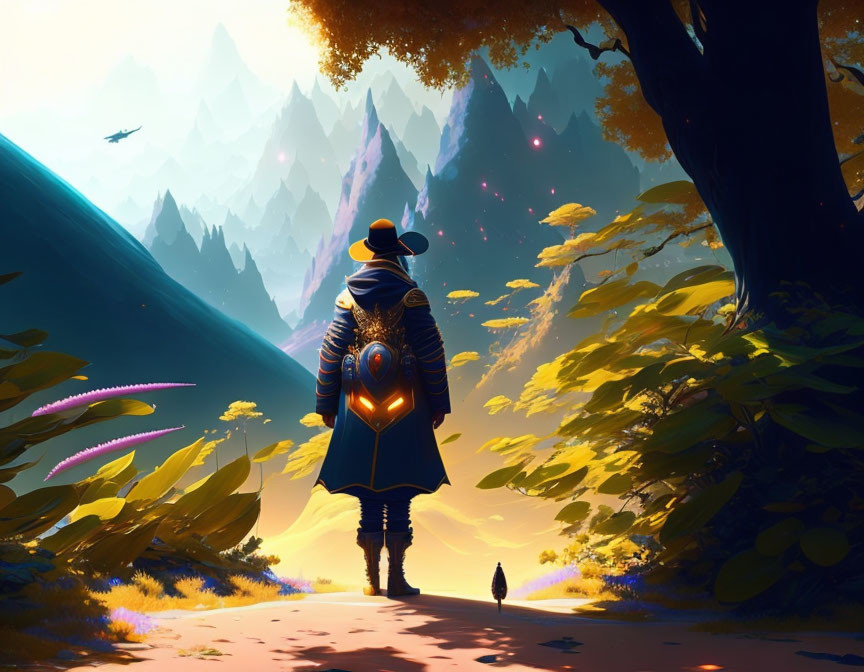 Cloaked figure in vibrant forest with golden foliage and mystical mountains