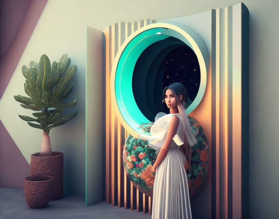 Woman in white dress near circular cosmic doorway scene.