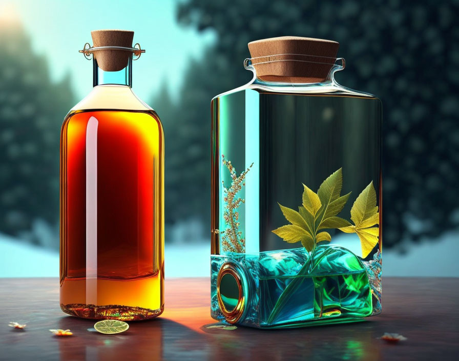 Glass Bottles with Amber and Blue Liquid on Wooden Surface in Forest Setting