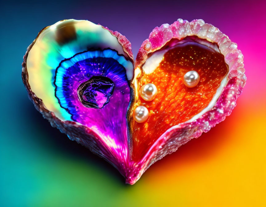 Colorful Heart-Shaped Shell with Pearls on Rainbow Background